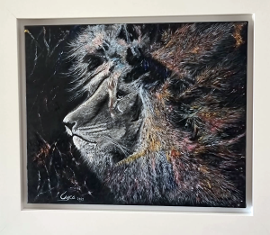 Óleo León abstracto, sobre fondo negro