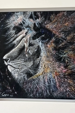 Óleo León abstracto, sobre fondo negro